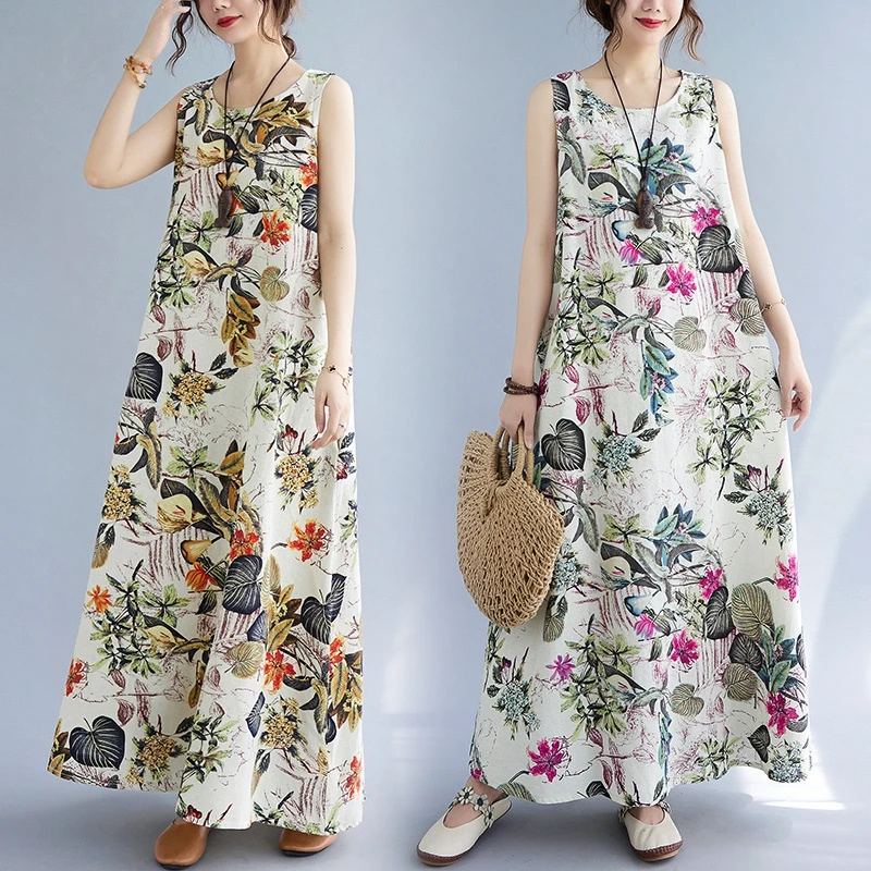 Sundress Midi Floral - Summer Floral Print Cotton Linen, Dress