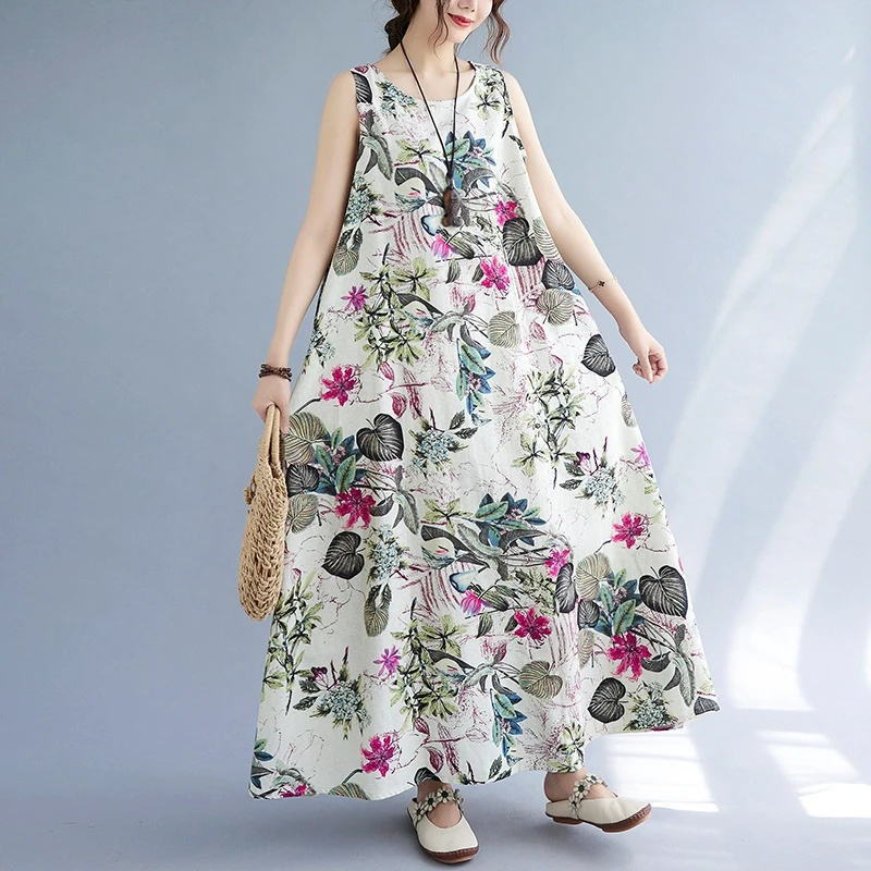 Summer Floral Print Cotton Lin - Sundress Midi Floral recension och pris