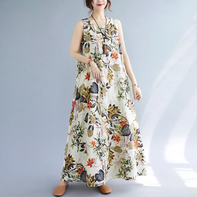 Summer Floral Print Cotton Lin - Sundress Midi Floral recension och pris