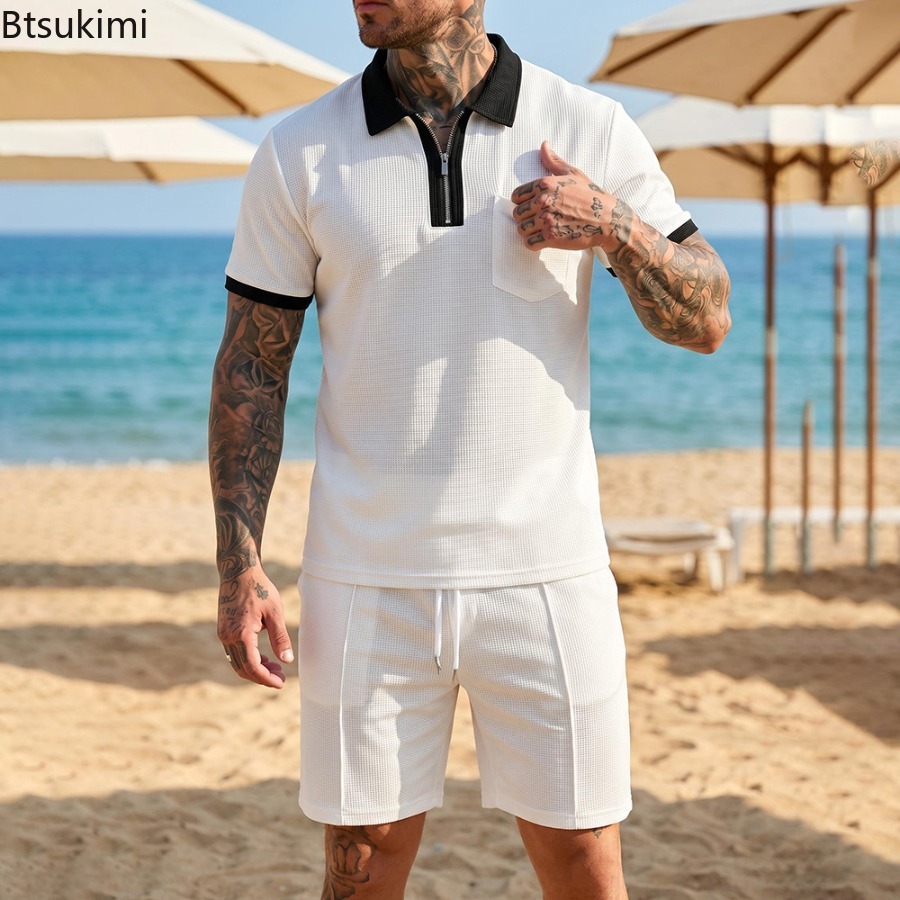 Mens Waffle Collar Polo Short  - Summer Clothing Vacation recension och pris