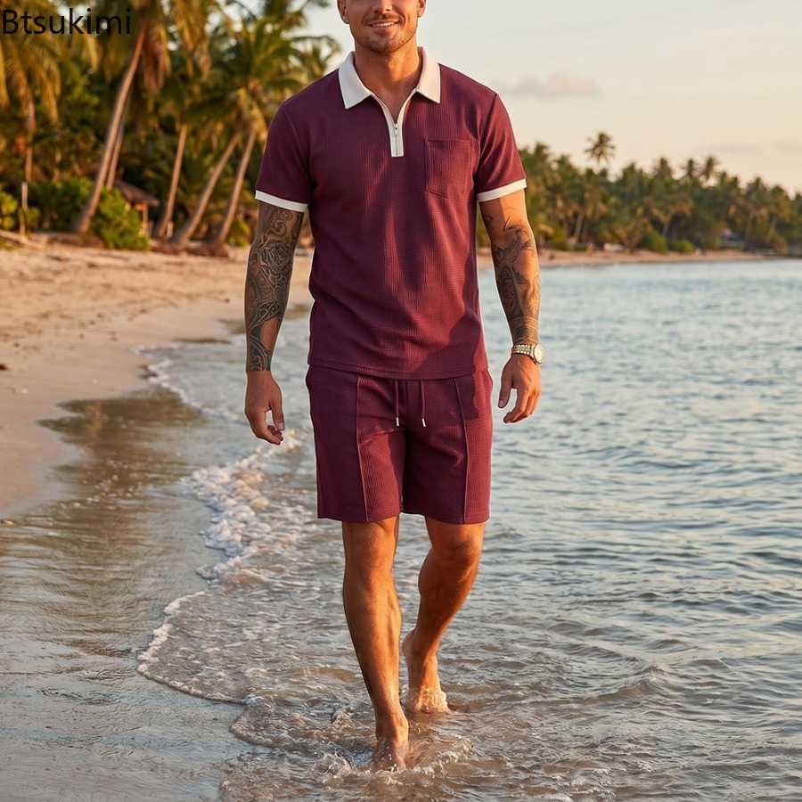 Mens Waffle Collar Polo Short  - Summer Clothing Vacation recension och pris
